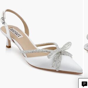 Badgley Mischka - Angelina White Satin Heels - Silver Bow